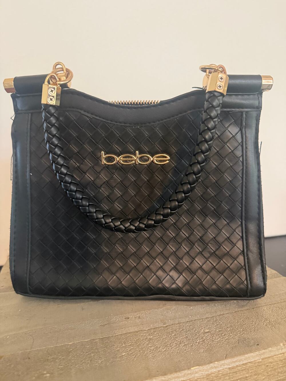 Bebe Black Woven Mini Satchel Crossbody Gold Logo Braided Handles